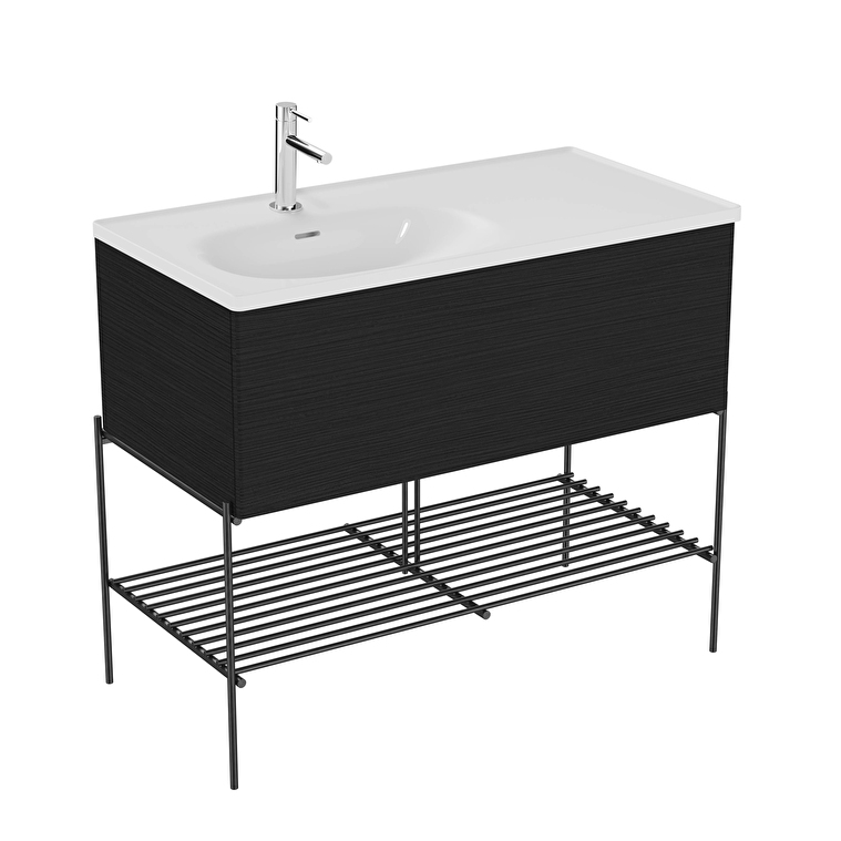 VitrA Equal Lavabo Dolabı, 100 cm, Bir Çekmeceli, Asimetrik Beyaz Lavabolu, Metal Ayaklı, Hareli Siyah Meşe - 66522 - Banyo Alt Modülleri