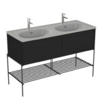 VitrA Equal Lavabo Dolabı, 130 cm, İki Çekmeceli, Çift Hazneli Gri Lavabolu, Metal Ayaklı, Hareli Siyah Meşe