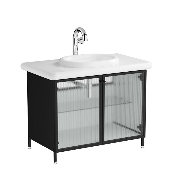 VitrA Liquid Lavabo Dolabı, 100 cm, Çizgili Cam Kapaklı, Ayaklı - Görsel 2