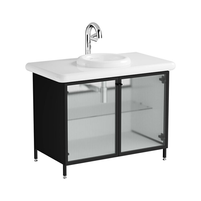 VitrA Liquid Lavabo Dolabı, 100 cm, Çizgili Cam Kapaklı, Ayaklı - Görsel 5