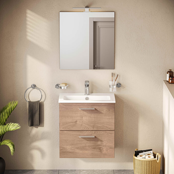 VitrA Mia Banyo Dolabı Seti, 60 cm, İki Çekmeceli, Lavabo Dolabı, Aydınlatmalı Düz Ayna, Altın Meşe - Görsel 7