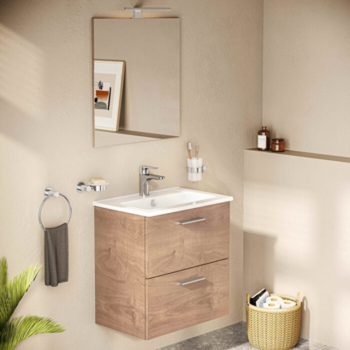 VitrA Mia Banyo Dolabı Seti, 60 cm, İki Çekmeceli, Lavabo Dolabı, Aydınlatmalı Düz Ayna, Altın Meşe - Görsel 13