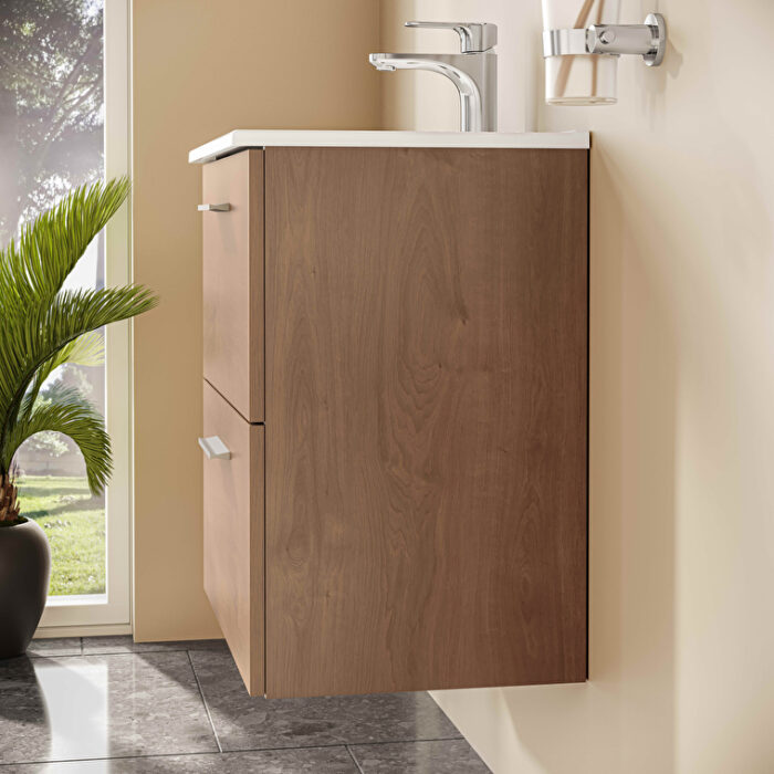 VitrA Mia Banyo Dolabı Seti, 60 cm, İki Çekmeceli, Lavabo Dolabı, Aydınlatmalı Düz Ayna, Altın Meşe - Görsel 12