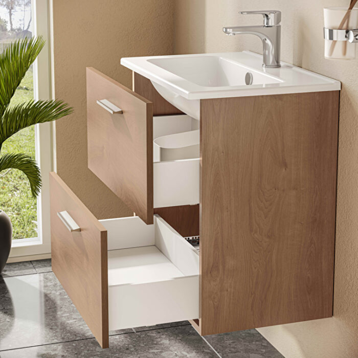 VitrA Mia Banyo Dolabı Seti, 60 cm, İki Çekmeceli, Lavabo Dolabı, Aydınlatmalı Düz Ayna, Altın Meşe - Görsel 11