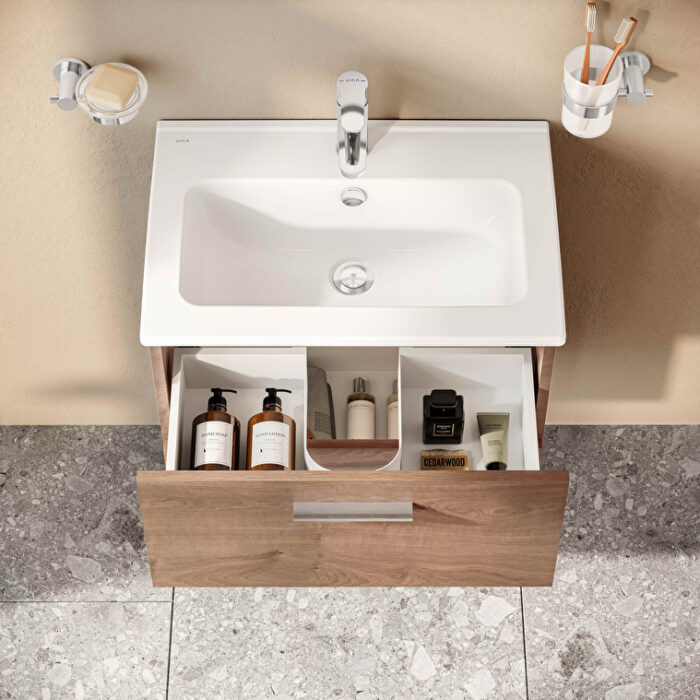 VitrA Mia Banyo Dolabı Seti, 60 cm, İki Çekmeceli, Lavabo Dolabı, Aydınlatmalı Düz Ayna, Altın Meşe - Görsel 9