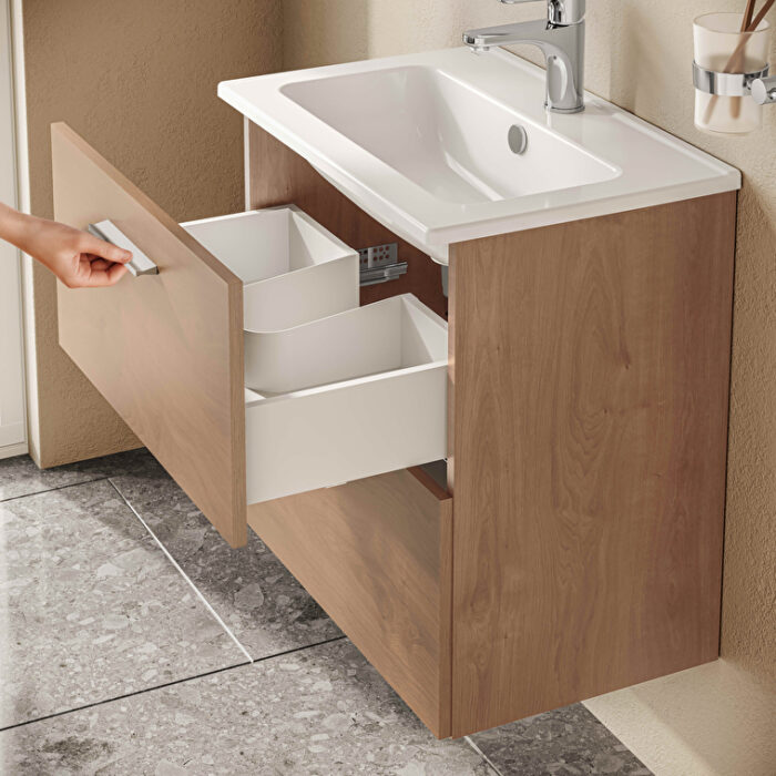 VitrA Mia Banyo Dolabı Seti, 60 cm, İki Çekmeceli, Lavabo Dolabı, Aydınlatmalı Düz Ayna, Altın Meşe - Görsel 6