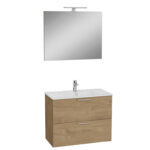 VitrA Mia Banyo Dolabı Seti, 80 cm, İki Çekmeceli, Lavabo Dolabı, Aydınlatmalı Düz Ayna, Altın Meşe - Görsel 2