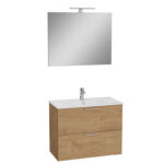 VitrA Mia Banyo Dolabı Seti, 80 cm, İki Çekmeceli, Lavabo Dolabı, Aydınlatmalı Düz Ayna, Altın Meşe