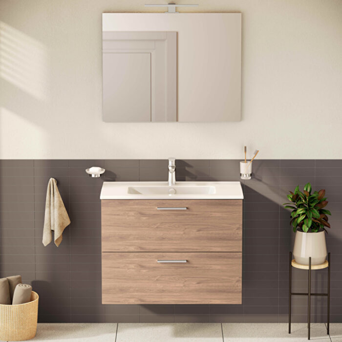 VitrA Mia Banyo Dolabı Seti, 80 cm, İki Çekmeceli, Lavabo Dolabı, Aydınlatmalı Düz Ayna, Altın Meşe - Görsel 7
