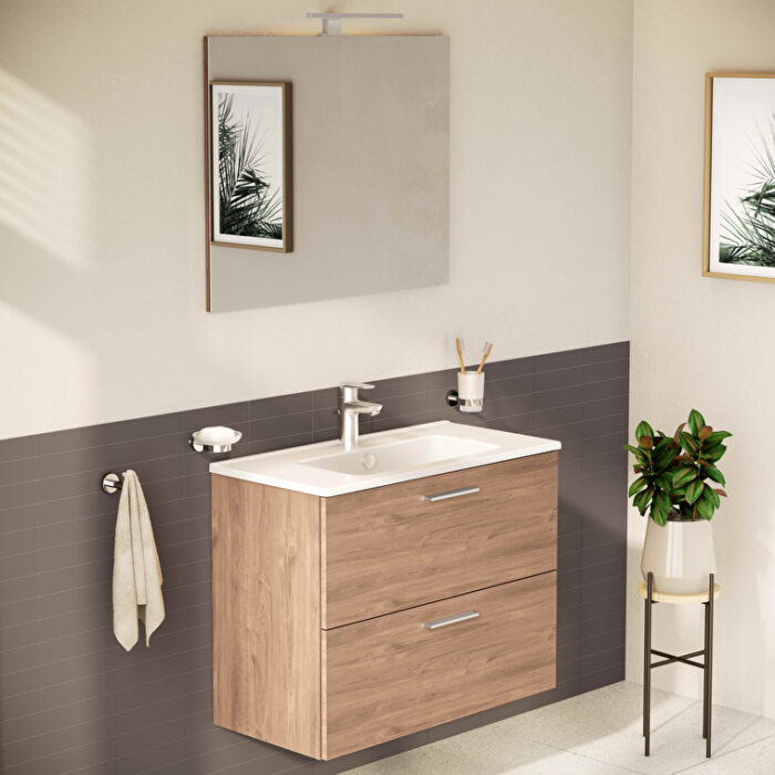 VitrA Mia Banyo Dolabı Seti, 80 cm, İki Çekmeceli, Lavabo Dolabı, Aydınlatmalı Düz Ayna, Altın Meşe - Görsel 13