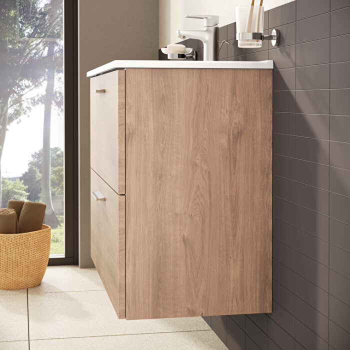 VitrA Mia Banyo Dolabı Seti, 80 cm, İki Çekmeceli, Lavabo Dolabı, Aydınlatmalı Düz Ayna, Altın Meşe - Görsel 12