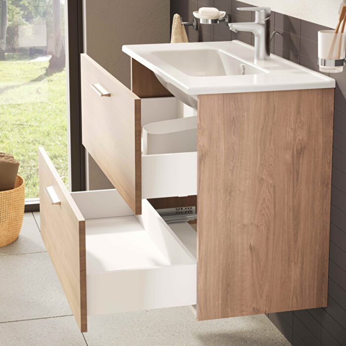VitrA Mia Banyo Dolabı Seti, 80 cm, İki Çekmeceli, Lavabo Dolabı, Aydınlatmalı Düz Ayna, Altın Meşe - Görsel 11
