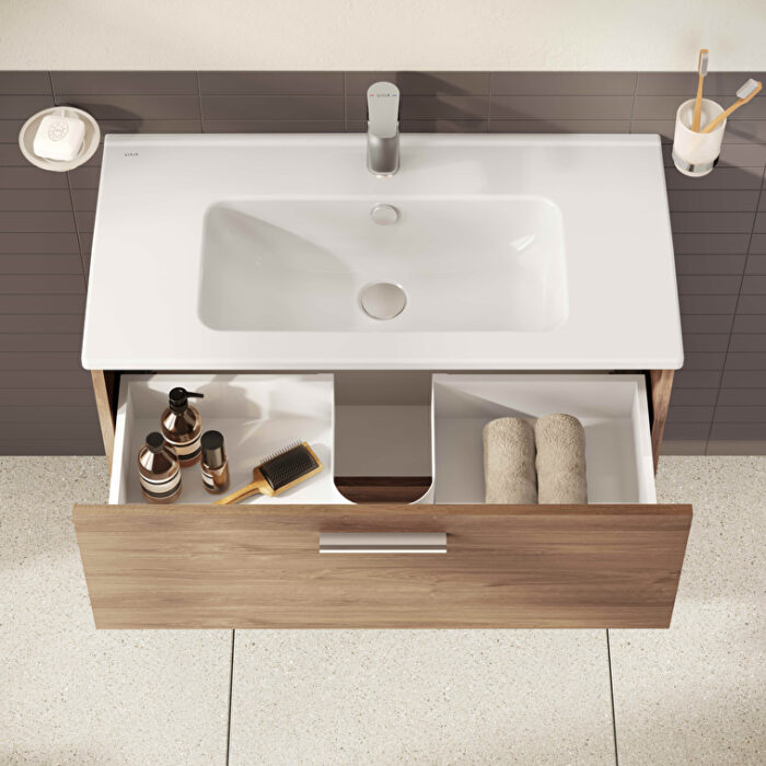 VitrA Mia Banyo Dolabı Seti, 80 cm, İki Çekmeceli, Lavabo Dolabı, Aydınlatmalı Düz Ayna, Altın Meşe - Görsel 8