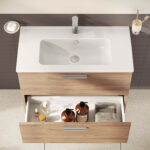 VitrA Mia Banyo Dolabı Seti, 80 cm, İki Çekmeceli, Lavabo Dolabı, Aydınlatmalı Düz Ayna, Altın Meşe - Görsel 5