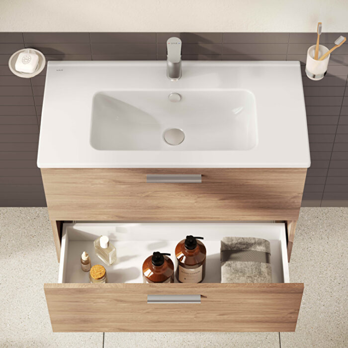 VitrA Mia Banyo Dolabı Seti, 80 cm, İki Çekmeceli, Lavabo Dolabı, Aydınlatmalı Düz Ayna, Altın Meşe - Görsel 5