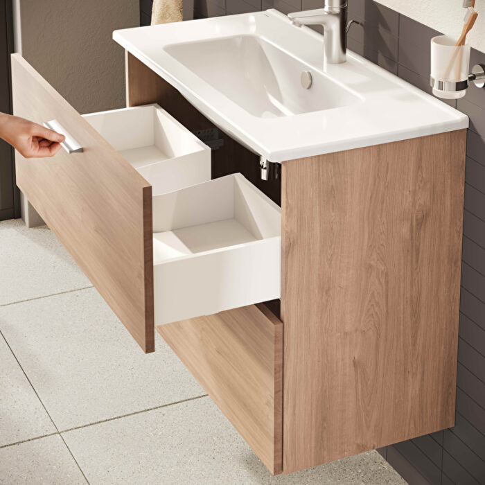 VitrA Mia Banyo Dolabı Seti, 80 cm, İki Çekmeceli, Lavabo Dolabı, Aydınlatmalı Düz Ayna, Altın Meşe - Görsel 6