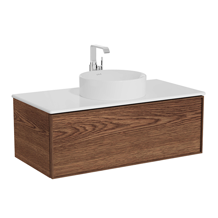 67159_c58946778d908b248fc4f4d375c30c97993a22d4-1.jpg VitrA Metropole Edge Lavabo Dolabı, 100 cm, Bir Çekmeceli, Beyaz Çanak Lavabo Ve Seramik Tezgahlı, Ceviz - Görsel 1