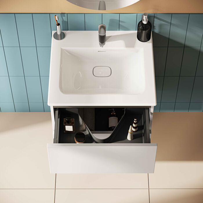 VitrA Metropole Pure Lavabo Dolabı, 60 cm, İki Çekmeceli, Etajerli Lavabolu, Mat Açık Gri - Görsel 6