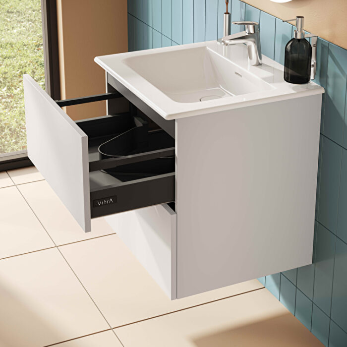 VitrA Metropole Pure Lavabo Dolabı, 60 cm, İki Çekmeceli, Etajerli Lavabolu, Mat Açık Gri - Görsel 11