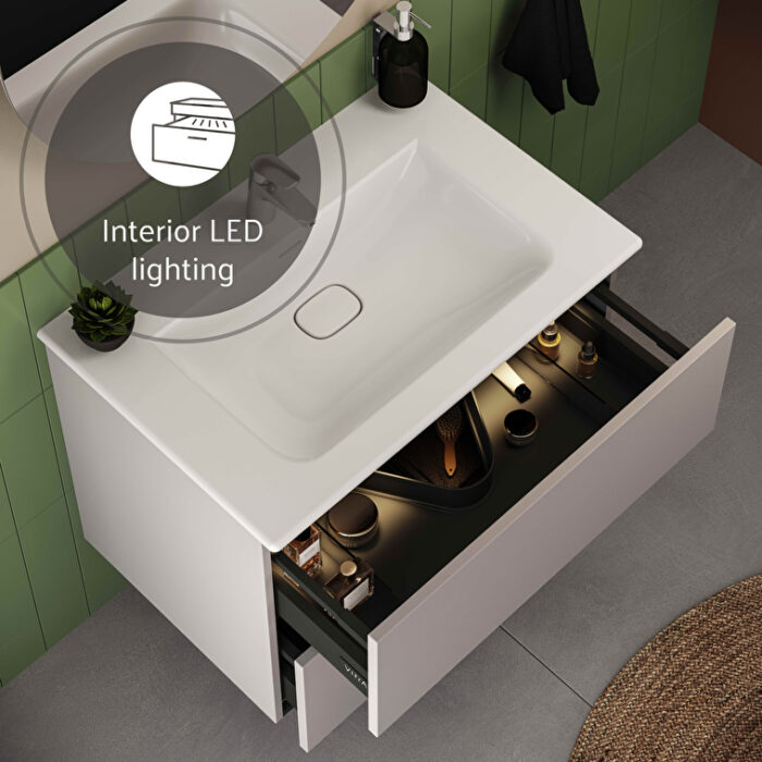 VitrA Metropole Pure Lavabo Dolabı, 80 cm, İki Çekmeceli, Etajerli Lavabolu, Mat Açık Gri - Görsel 10