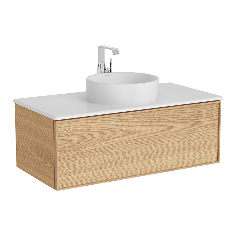 VitrA Metropole Edge Lavabo Dolabı, 100 cm, Bir Çekmeceli, Mat Beyaz Çanak Lavabo Ve Seramik Tezgahlı, Açık Meşe - 67346 - Banyo Alt Modülleri