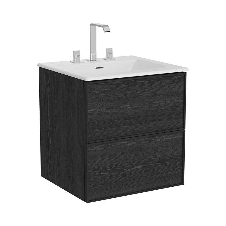 VitrA Metropole Edge Lavabo Dolabı, 60 cm, İki Çekmeceli, Etajerli Lavabolu, Üç Armatür Delikli, Siyah Meşe - 67451 - Banyo Alt Modülleri