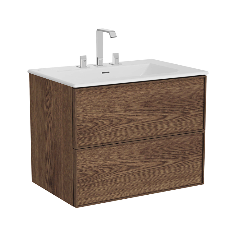 67454-1.jpg VitrA Metropole Edge Lavabo Dolabı, 80 cm, İki Çekmeceli, Etajerli Lavabolu, Üç Armatür Delikli, Ceviz - Görsel 1