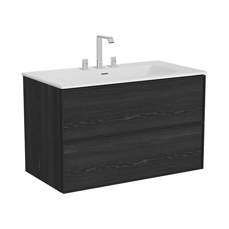 VitrA Metropole Edge Lavabo Dolabı, 100 cm, İki Çekmeceli, Etajerli Lavabolu, Üç Armatür Delikli, Siyah Meşe - 67459 - Banyo Alt Modülleri