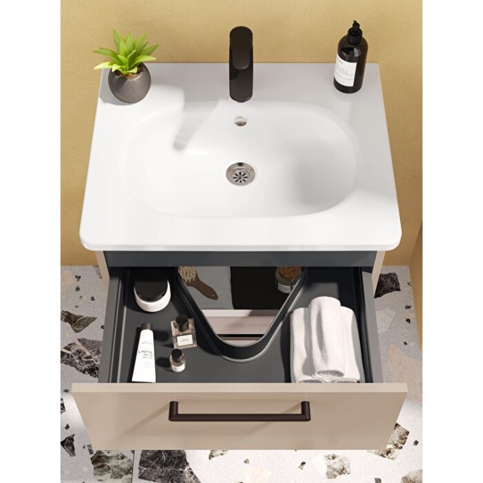 VitrA Root Flat Lavabo Dolabı, 60 cm, İki Çekmeceli, Dar, Yuvarlak Lavabo, Parlak Sahra Beji - Görsel 8