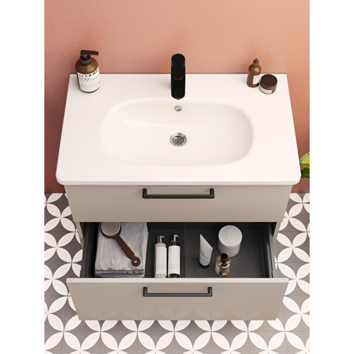 VitrA Root Flat Lavabo Dolabı, 80 cm, İki Çekmeceli, Köşeli Lavabo, Parlak Sahra Beji - Görsel 8