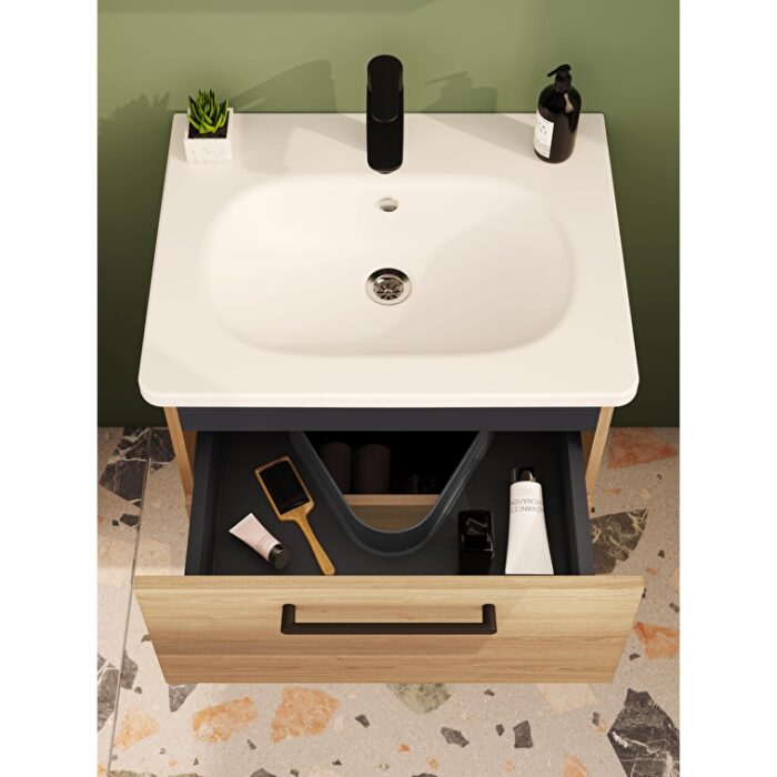 VitrA Root Flat Lavabo Dolabı, 60 cm, İki Çekmeceli, Dar, Yuvarlak Lavabo, Doğal Meşe - 68107 - Banyo Alt Modülleri - 8