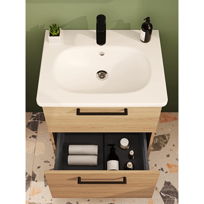 VitrA Root Flat Lavabo Dolabı, 60 cm, İki Çekmeceli, Dar, Yuvarlak Lavabo, Doğal Meşe - 68107 - Banyo Alt Modülleri - 7