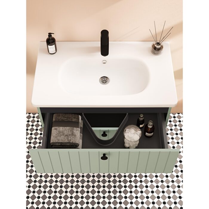 VitrA Root Groove Lavabo Dolabı, 80 cm, İki Çekmeceli, Yuvarlak Lavabo, Mat Retro Yeşil - 69442 - Banyo Alt Modülleri - 5