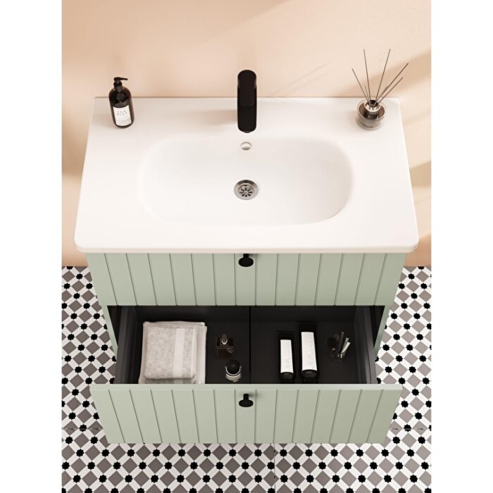 VitrA Root Groove Lavabo Dolabı, 80 cm, İki Çekmeceli, Yuvarlak Lavabo, Mat Retro Yeşil - 69442 - Banyo Alt Modülleri - 6