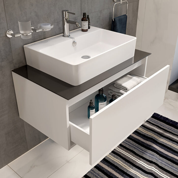 VitrA Nuo Lavabo Dolabı, 80 cm, Bir Çekmeceli, Çanak Lavabo, Cam Tezgah, Parlak Beyaz - Görsel 8