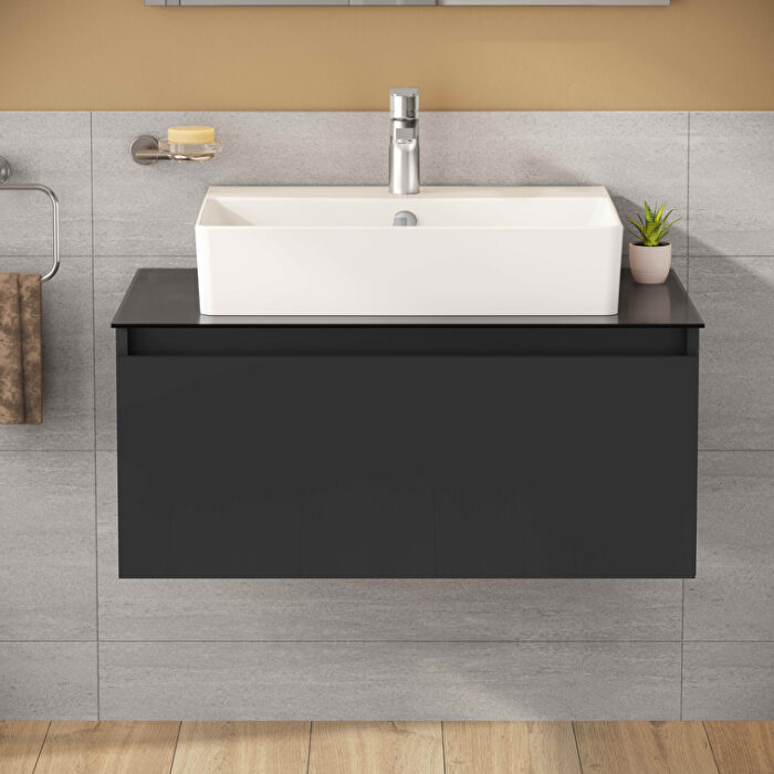 VitrA Nuo Lavabo Dolabı, 80 cm, Bir Çekmeceli, Çanak Lavabo, Cam Tezgah, Parlak Antrasit - Görsel 6