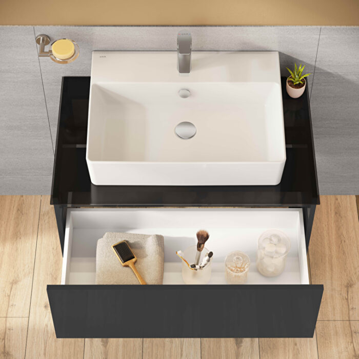 VitrA Nuo Lavabo Dolabı, 80 cm, Bir Çekmeceli, Çanak Lavabo, Cam Tezgah, Parlak Antrasit - Görsel 7