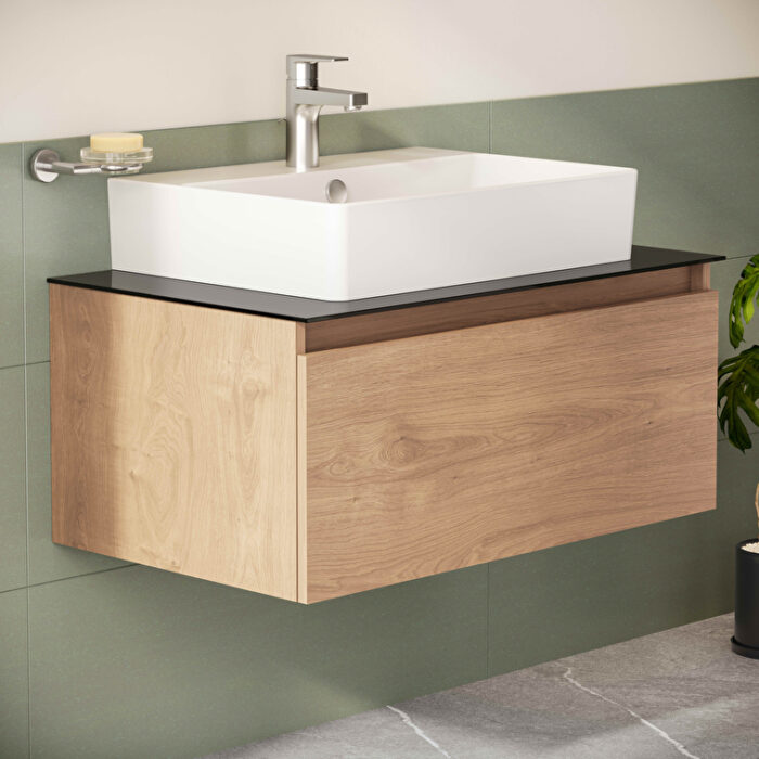 VitrA Nuo Lavabo Dolabı, 80 cm, Bir Çekmeceli, Çanak Lavabo, Cam Tezgah, Altın Meşe - Görsel 9