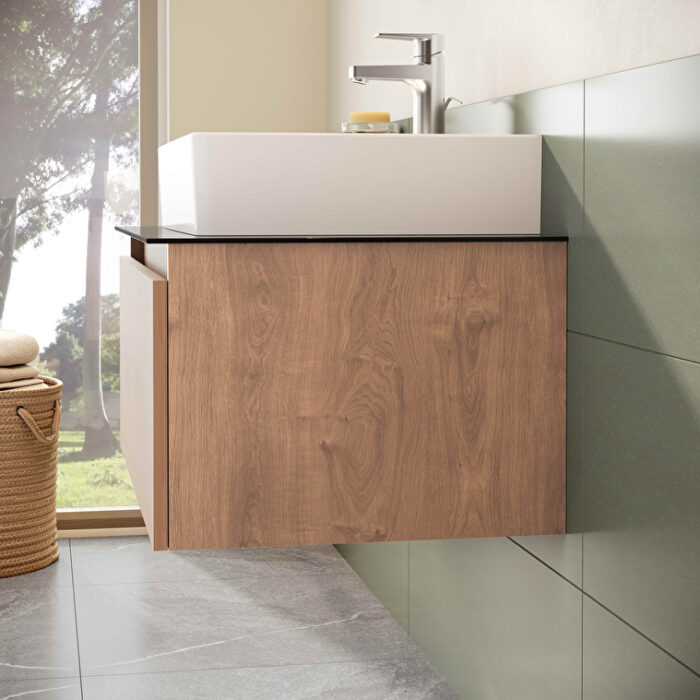 VitrA Nuo Lavabo Dolabı, 80 cm, Bir Çekmeceli, Çanak Lavabo, Cam Tezgah, Altın Meşe - Görsel 8