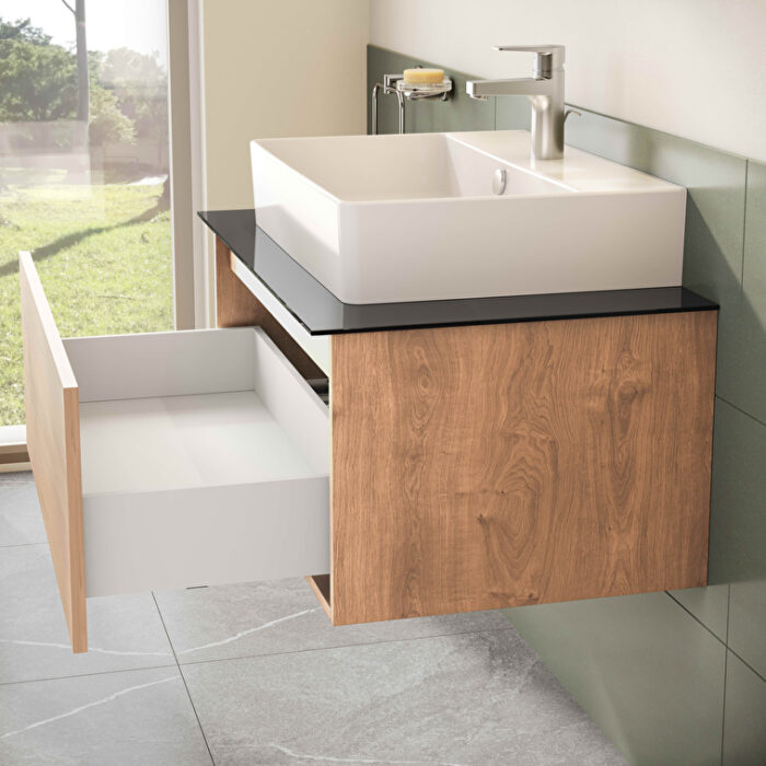 VitrA Nuo Lavabo Dolabı, 80 cm, Bir Çekmeceli, Çanak Lavabo, Cam Tezgah, Altın Meşe - Görsel 7