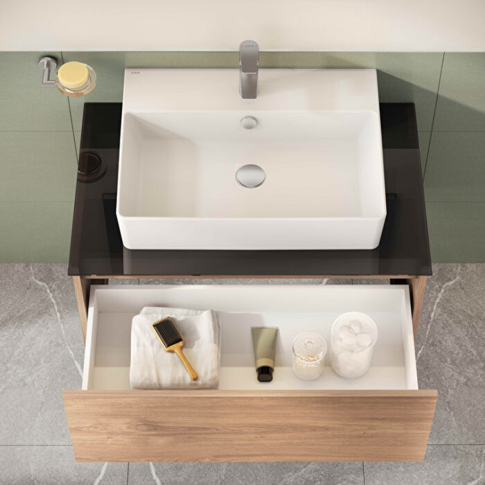 VitrA Nuo Lavabo Dolabı, 80 cm, Bir Çekmeceli, Çanak Lavabo, Cam Tezgah, Altın Meşe - Görsel 4