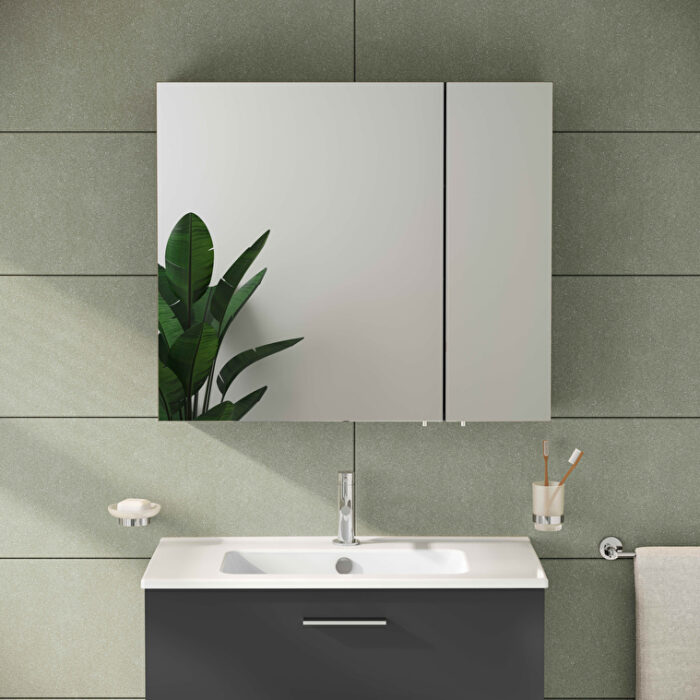 VitrA Mia Asimetrik Dolaplı Ayna, 80 cm, İki Kapaklı, Parlak Antrasit - Görsel 4