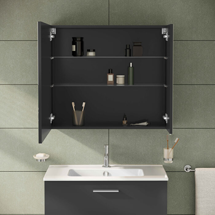 VitrA Mia Asimetrik Dolaplı Ayna, 80 cm, İki Kapaklı, Parlak Antrasit - Görsel 2