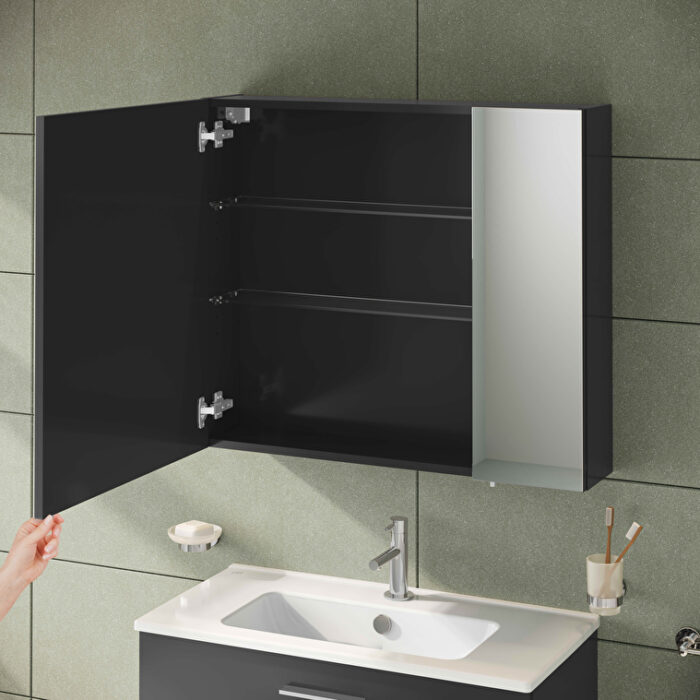 VitrA Mia Asimetrik Dolaplı Ayna, 80 cm, İki Kapaklı, Parlak Antrasit - Görsel 3