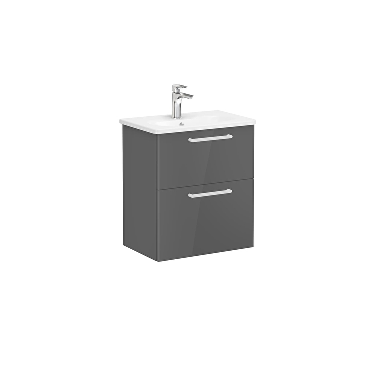 VitrA Root Flat Lavabo Dolabı, 60 cm, İki Çekmeceli, Dar, Yuvarlak Lavabo, Parlak Antrasit - 68102 - Banyo Alt Modülleri