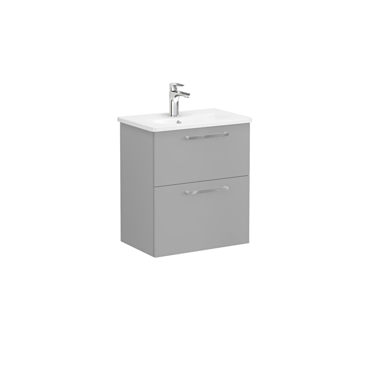 VitrA Root Flat Lavabo Dolabı, 60 cm, İki Çekmeceli, Dar, Yuvarlak Lavabo, Mat Kaya Gri - 68104 - Banyo Alt Modülleri