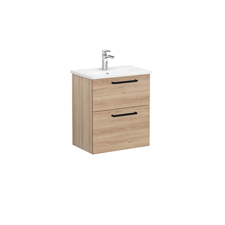 VitrA Root Flat Lavabo Dolabı, 60 cm, İki Çekmeceli, Dar, Yuvarlak Lavabo, Doğal Meşe - 68107 - Banyo Alt Modülleri