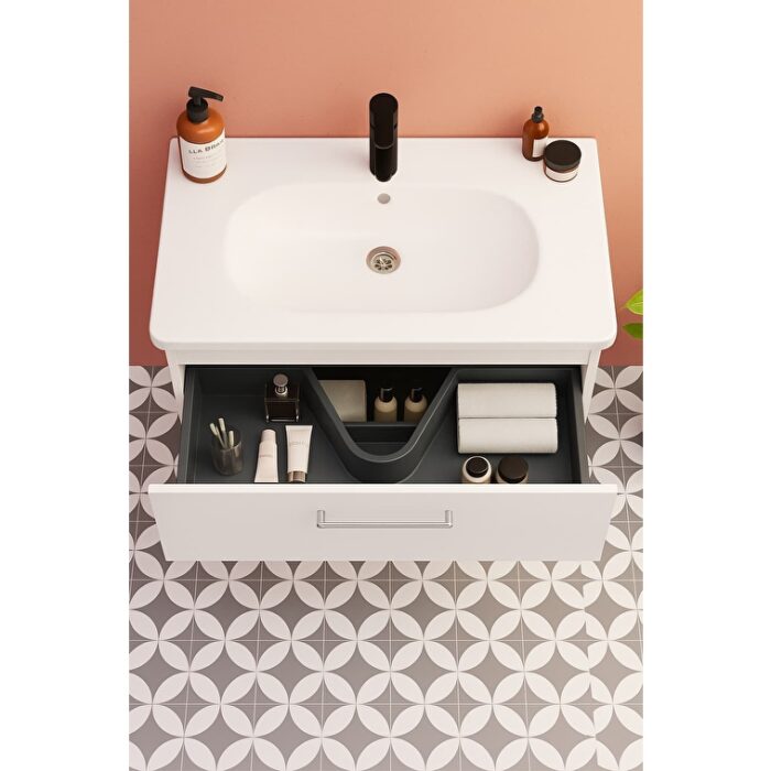 VitrA Root Flat Lavabo Dolabı, 80 cm, İki Çekmeceli, Dar, Yuvarlak Lavabo, Parlak Beyaz - 68120 - Banyo Alt Modülleri - 3