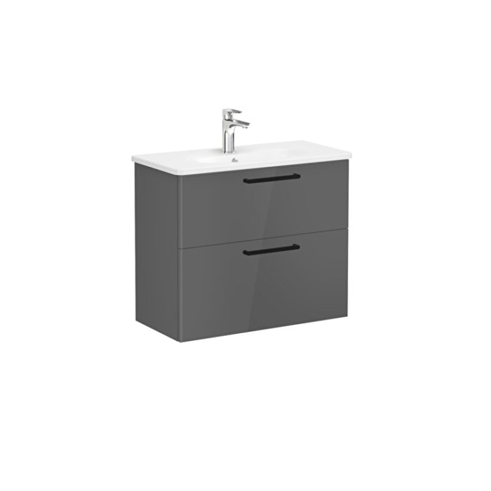 VitrA Root Flat Lavabo Dolabı, 80 cm, İki Çekmeceli, Dar, Yuvarlak Lavabo, Parlak Antrasit - Görsel 3