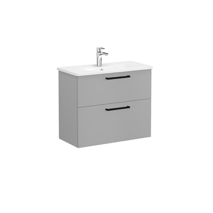 VitrA Root Flat Lavabo Dolabı, 80 cm, İki Çekmeceli, Dar, Yuvarlak Lavabo, Mat Kaya Gri - 68124 - Banyo Alt Modülleri - 1